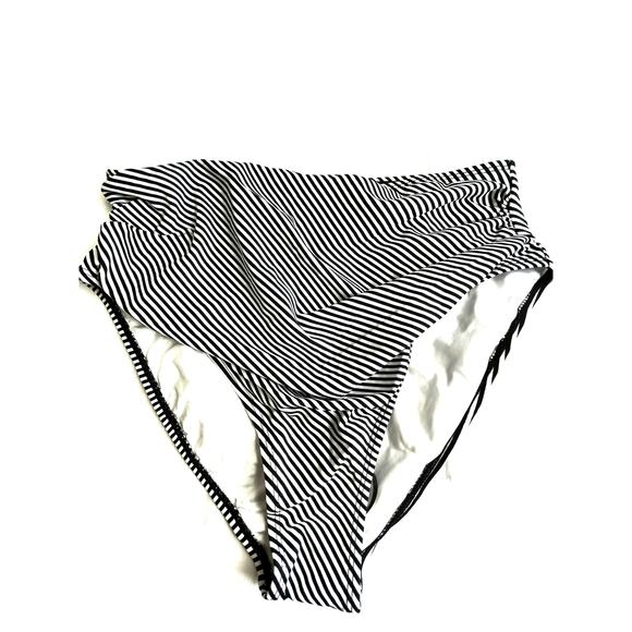 Cupshe high waisted swim bottoms Black stripes ruched neutral lined Size XL. - Picture 1 of 5